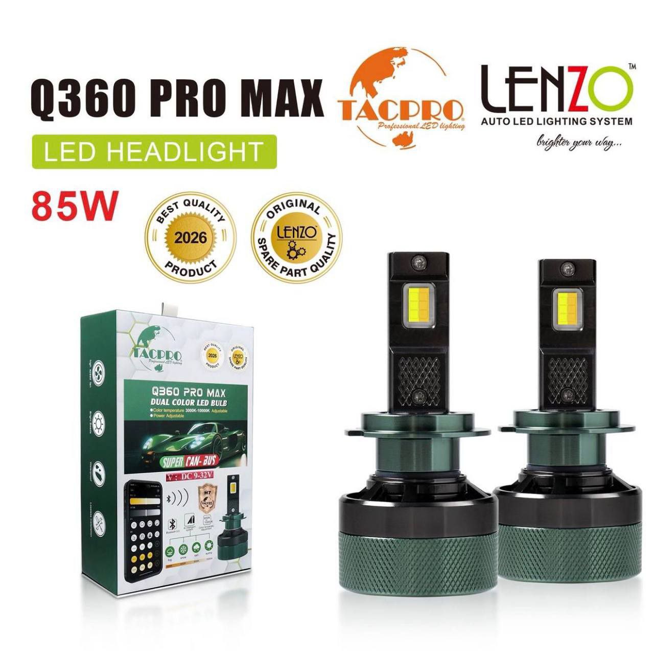 هدلایت خودرو لنزو مدل Q360 PRO MAX رنگ متغییر 85 وات-H7 استوک