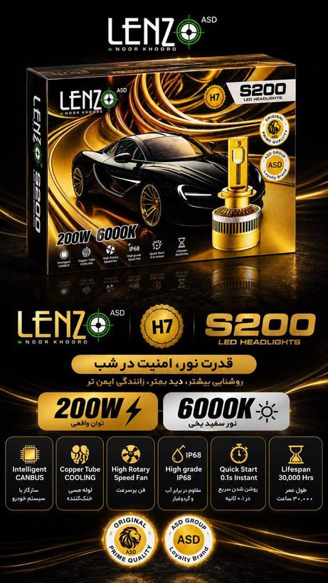 هدلایت خودرو لنزو مدل S200 یخی ۲۰۰ وات هیولا