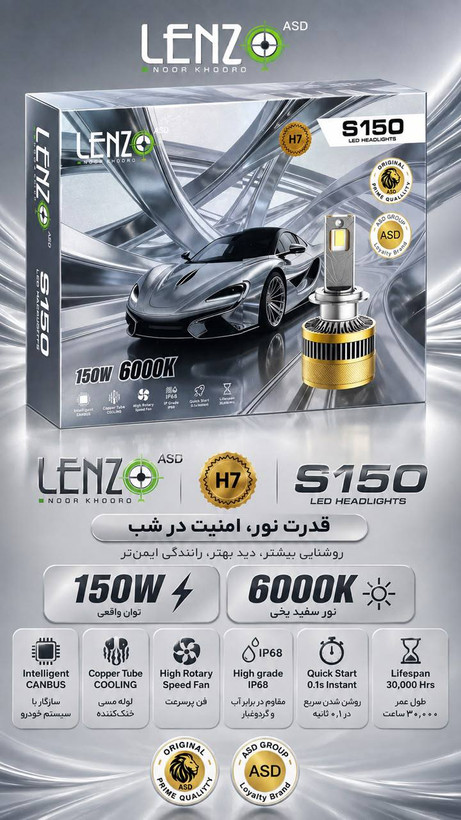هدلایت خودرو لنزو مدل S150 یخی 150 وات قدرتمند