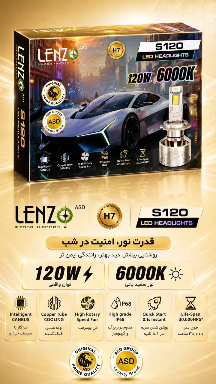هدلایت خودرو لنزو مدل S120 یخی ۱۲۰ وات قوی